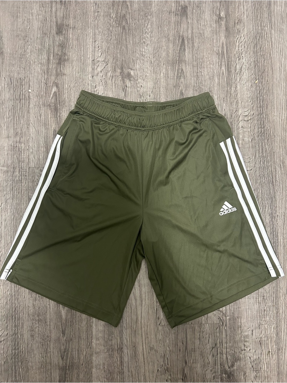 adidas Olive Green Athletic Shorts with White Three-Stripes